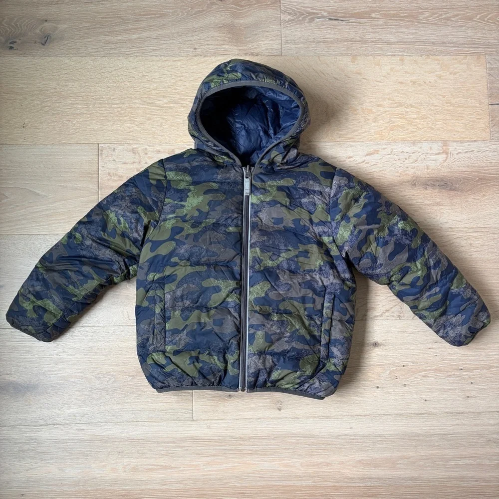 Hanna Andersson Reversible Down Coat Jacket Hooded Sz 130 (8) Camouflage/Navy